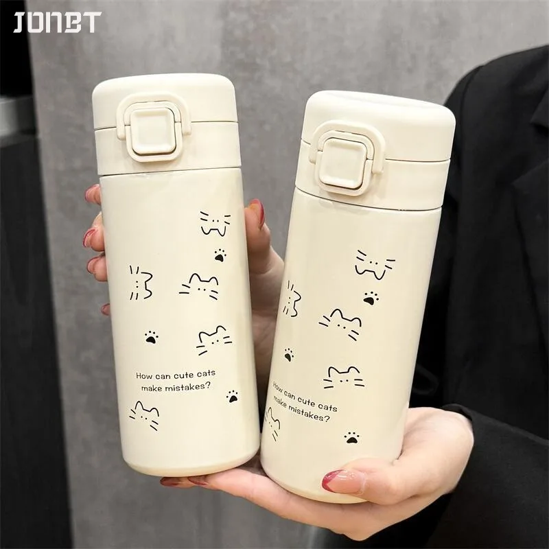 Simple Cute Cat Thermos Water Bottle with Straw Portable Stainless Steel Thermal Cup For Girl Kids Students Leak-proof Drinkware