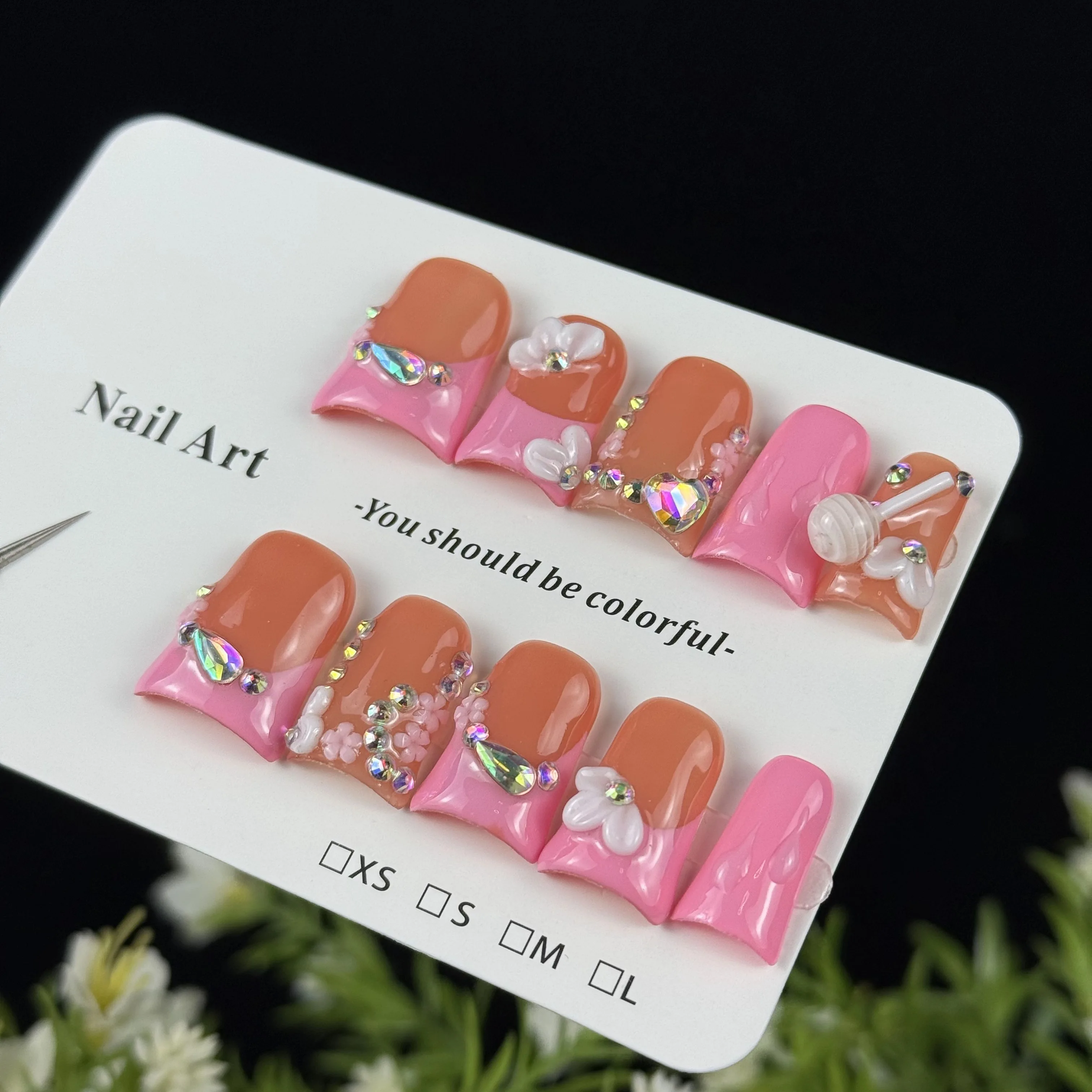 10 pièces haut de gamme style doux et épicé, peint à la main sculpté, sucette tridimensionnelle, diamant en forme de coeur, pile étincelante