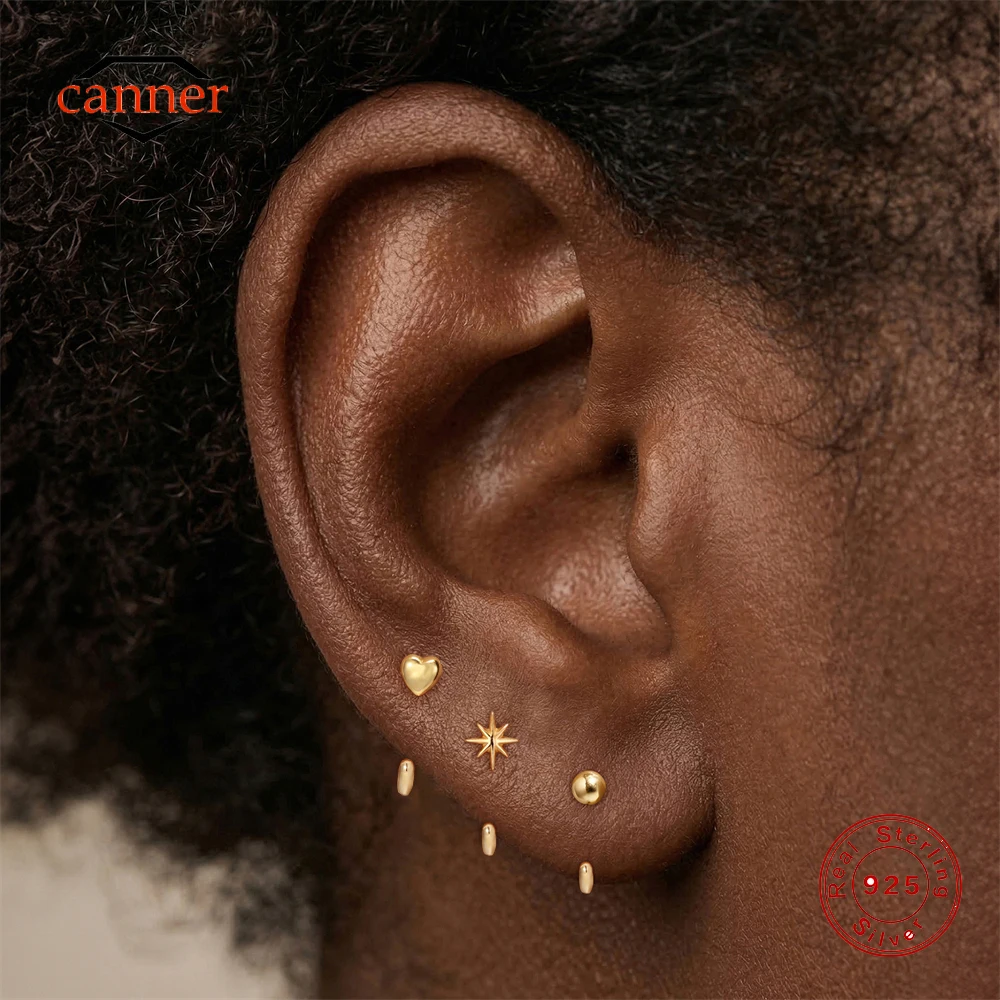 CANNER 1PC 925 Sterling Silver U Shaped Heart Eight-pointed Ear Cuff Minimalist Ball Stud Earring Women 18K Gold Plated Jewelry