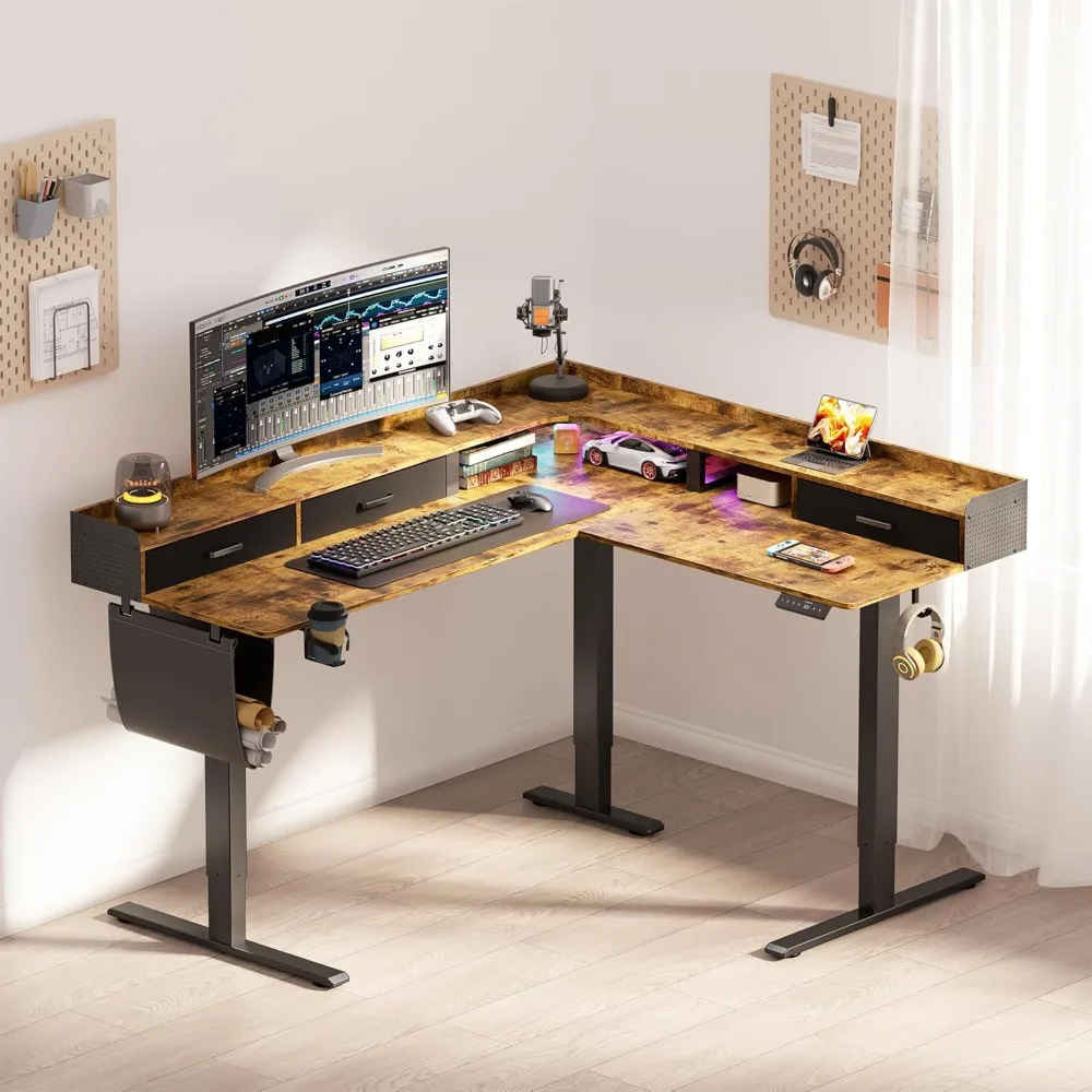 مكتب كهربائي على شكل حرف L قابل للتعديل الارتفاع مع 3 أدراج ورف شاشة ومكتب كمبيوتر زاوية لمحطات العمل في الحامل #2