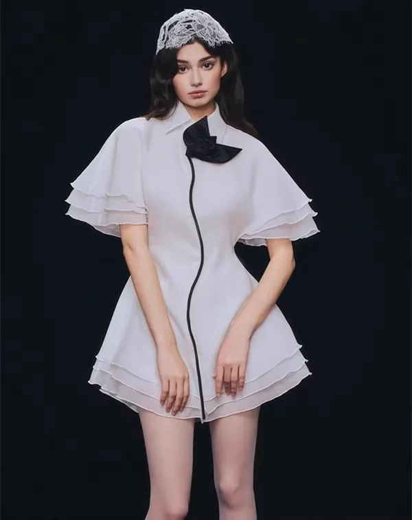 

White Ruffles Elegant Mini Dress Women High Waisted Streetwear Chic Vestidos Bodycon Single-breasted Cloth Lady Summer