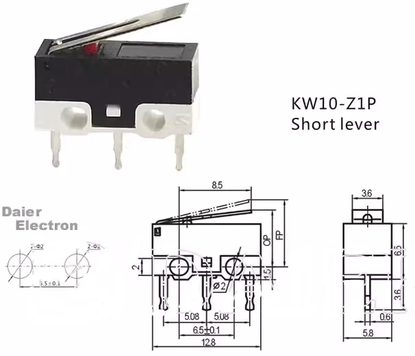 10PCS KW10-Z1P 3 Pin Long Hinge Lever Momentary SPDT Mini Micro Switch AC 125V 1A 5.8x6.5x13mm