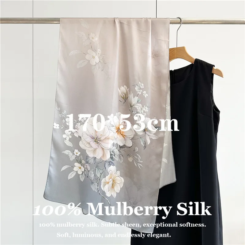 

High-End 100% Pure Silk Shawl Wrap Long 170x53cm All Seasons Wear Skin-friendly Natural Elegant Lady Fashion Shawl Wrap Scarves
