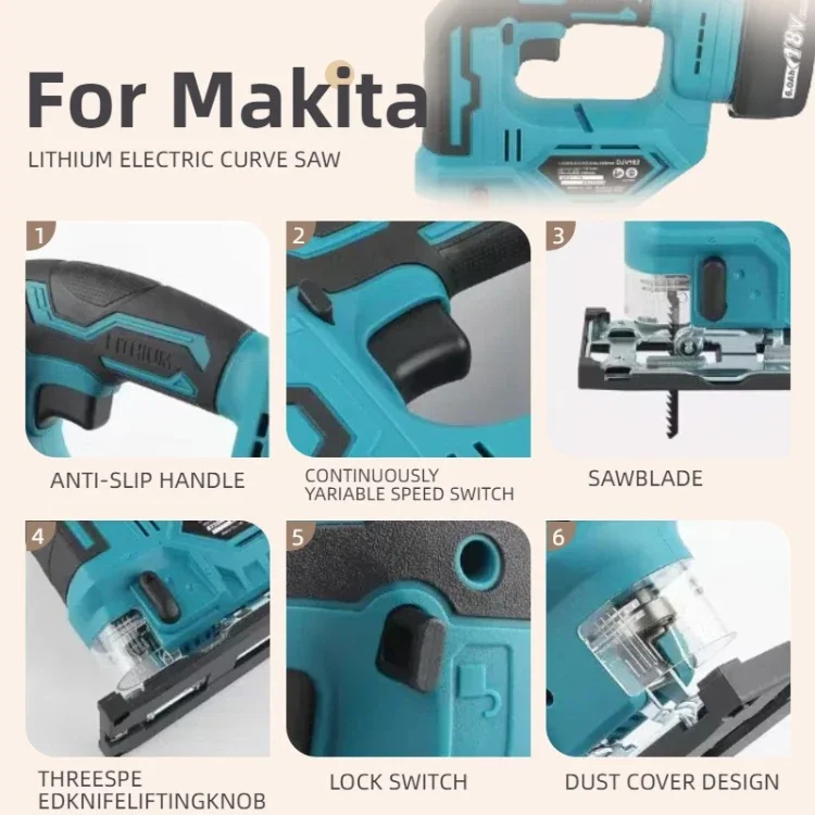 ماكيتا DJV182 بانوراما لاسلكية: 18 فولت، 300 وات، 0-2700 دورة في الدقيقة، 80 ملم للسفر، ± 45 °   القطع، لأمهام القطع الخشبية/البلاستيكية/المعادن