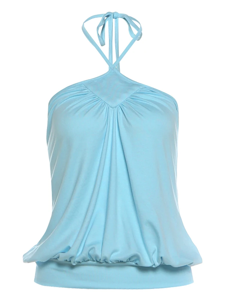 Sisterlinda Modisches Rückenfreies Tanktop für Damen, Sexy Halter-Top mit Bandagen, Gerafftes Patchwork-Design, Einfaches Midnight-Party-Streetwear-Clubtop – Detail 2