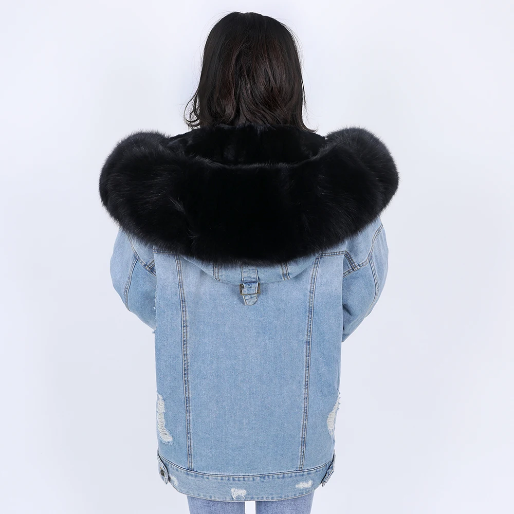 winter denim jacket with large fur collar made of natural fox fur, loose, stylish, warm and removable rabbit fur lini