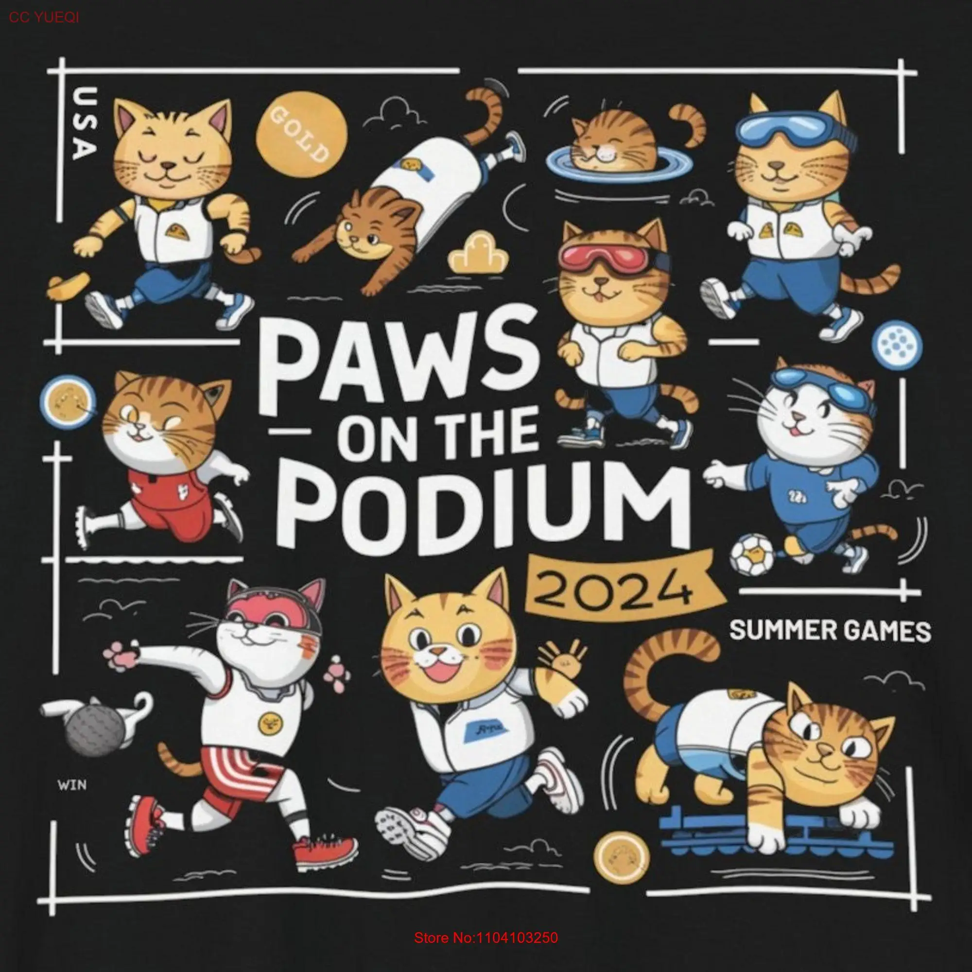 Cats Podium Paws Medals Sports Summer Games T Shirt Cartoon Paris Whiskers Feline athletes Celebration Athletic Unity World