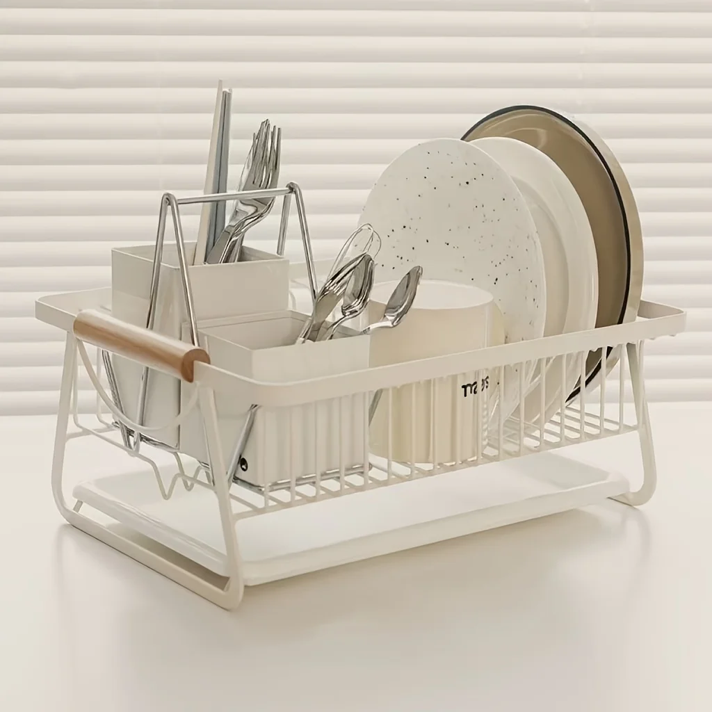 

Stainless Steel & Wood Dish Rack - Modern Hybrid Drying Rack with Removable Tray, Space-Saving Organizer for Sink & Countertop