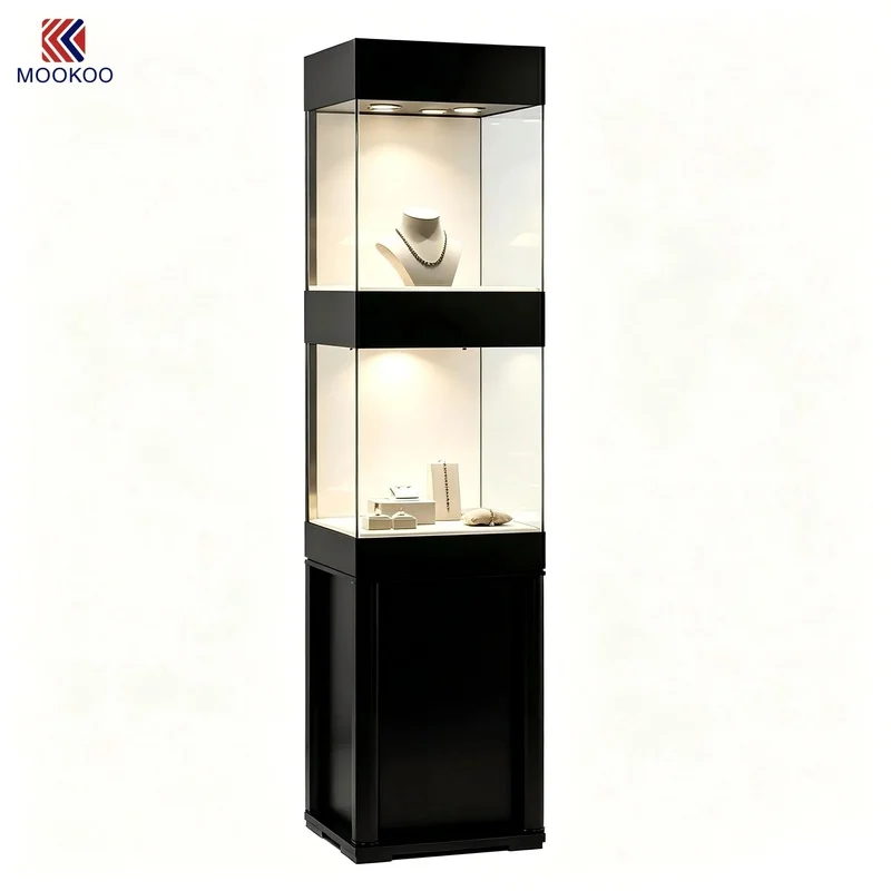 custom.MOOKOO Luxury Custom Black Pedestal Jewelry Display Cabinet Glass Jewellery Showcase Retail
