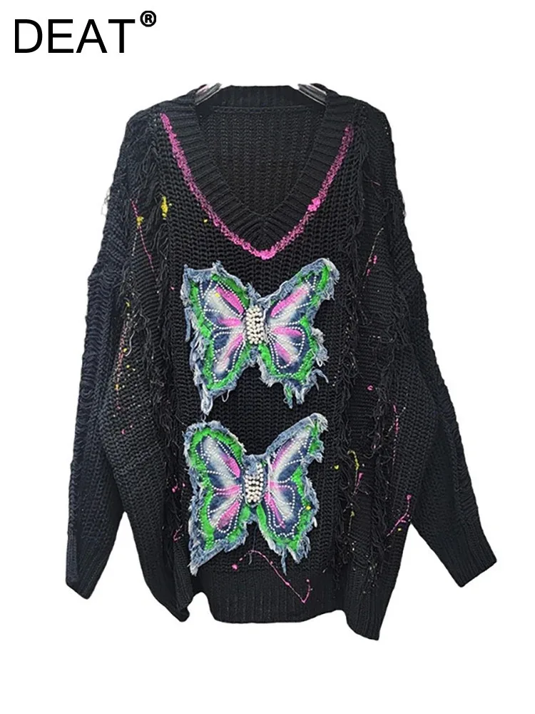 DEAT Women Pullover Butterfly Patches Design Graffiti Loose O-neck Black Knitted Tassel Sweaters Autumn 2024 New Fashion 29L8308