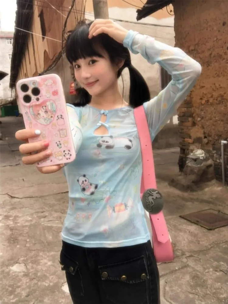 

New Chinese Blue Panda Printed Tops Mujer Hollow Out Mesh Long Sleeve T-shirt for Women Summer Slim Fit Bottoming Tee Shirt