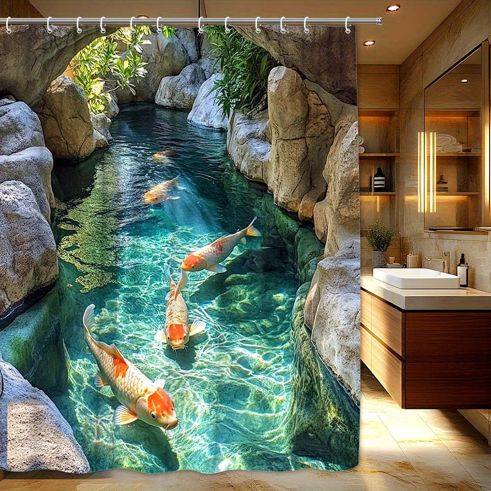 

Koi Fish Shower Curtain Waterfall Garden Rock Pond Design Nature Art Bathroom Decor Waterproof Printed Bath Curtain Home Fashion