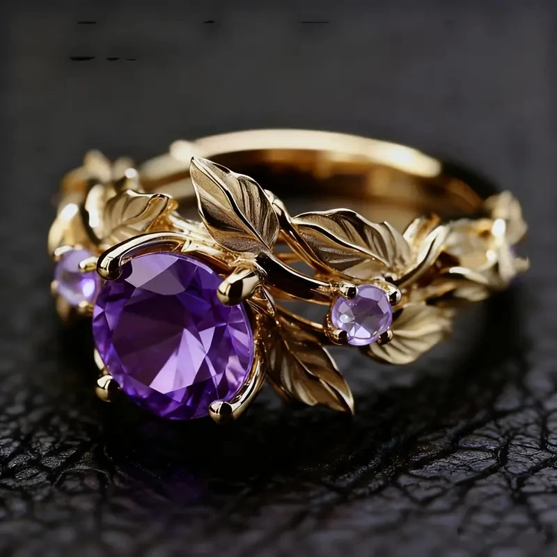 Vintage-Ring für Damen mit eingelegtem violettem CZ, trendige Goldfarbe, handgeschnitztes Blatt, für den täglichen Gebrauch, Party-Schmuck, Jubiläumsgeschenk