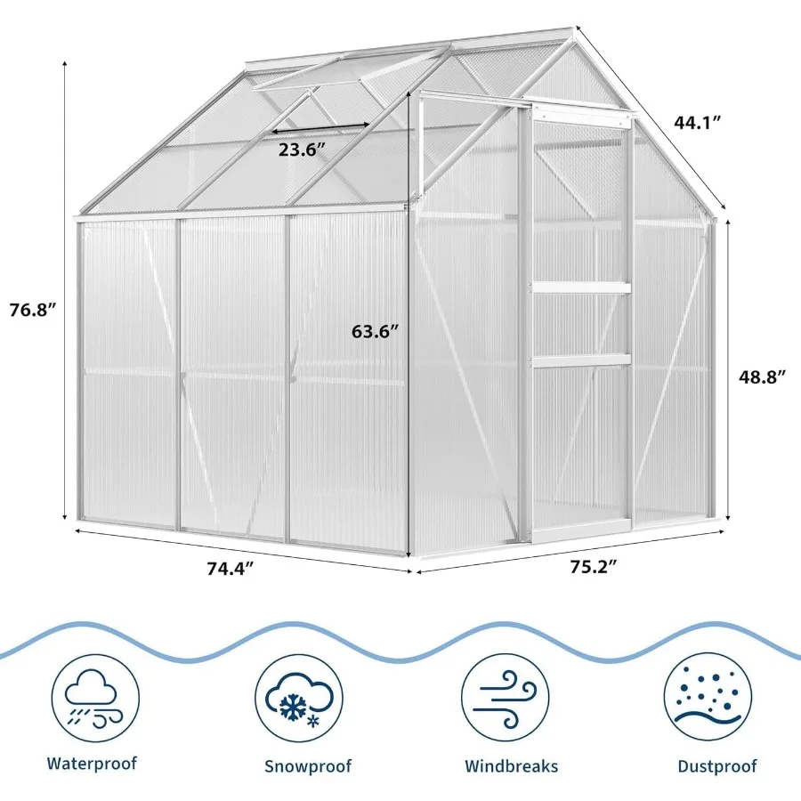 Walk-in outdoor backyard greenhouse: 6x6 ft polycarbonate panels 720g/m,silver heavy-duty aluminum frame, adjustable roof vent