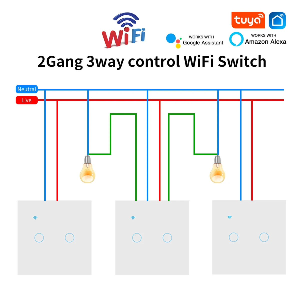 Commutateur Wifi 3 voies 1/2/3 gangs, interrupteurs d'éclairage tactile avec Support en verre trempé, application Tuya Smart Life, commande vocale pour escaliers et chambre à coucher