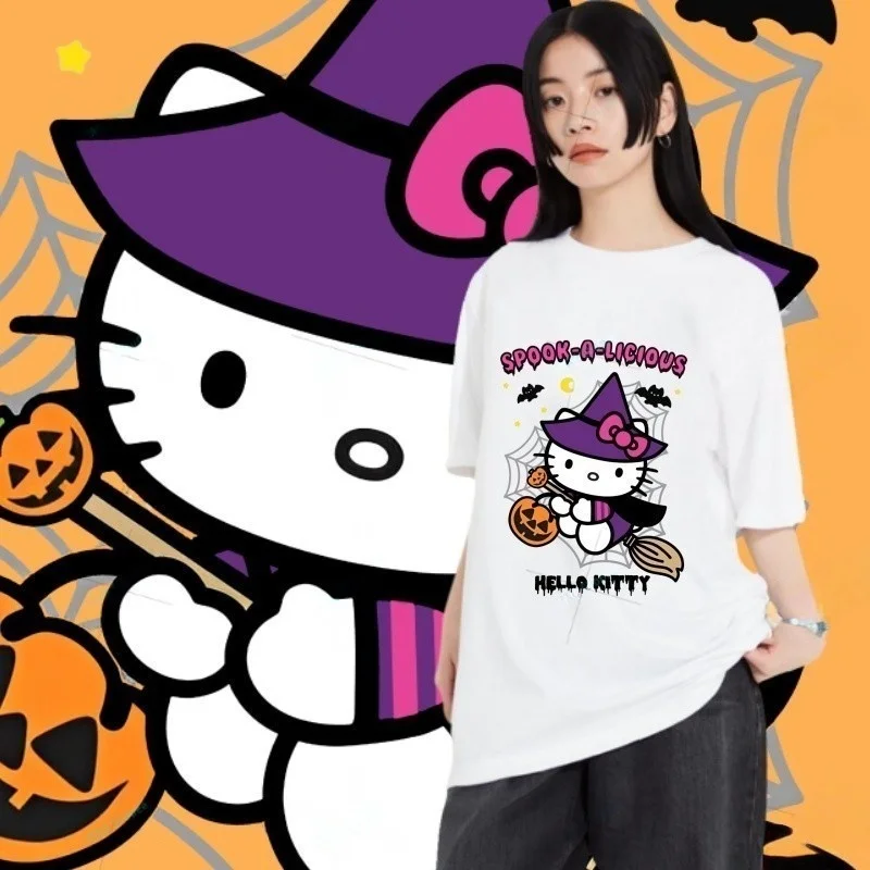 

Summer Hello Kitty Halloween Design Black Short Sleeved 3D Printed Cute Pattern Unisex Loose Top Oversized Quick Drying T-shirt