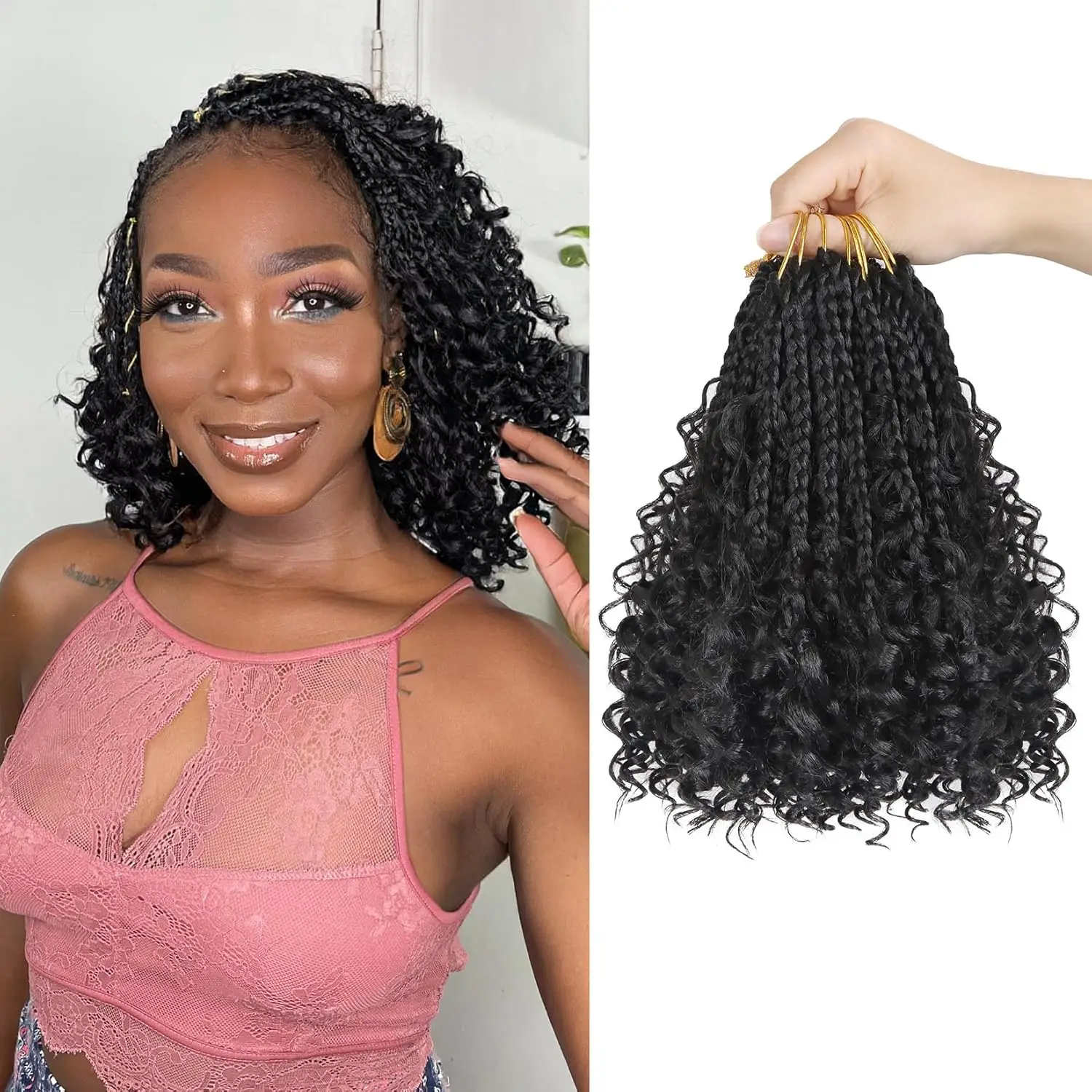 

Goddess Box Braids Вязаные крючком волосы 8-дюймовые предварительно закрученные крючком косы в стиле бохо с вьющимися концами, 8 упаковок синтетических вязаных крючком для женщин