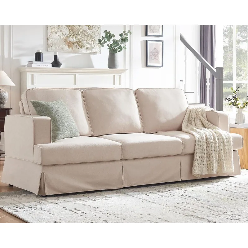 Modern Sofa, 89 inch Slipcovered 3 Seater Sofa with Removable Cover, Extra Deep Couch for Living Room, Linen Beige