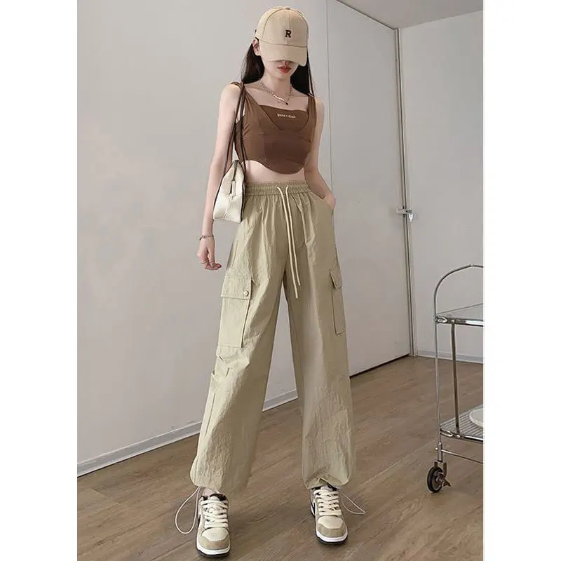 

Women's Summer Fashion Simplicity Solid Color High Waist Cargo Pants Women Clothes Loose Elastic Waist All-match Casual Trousers