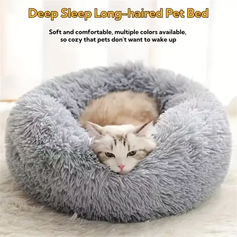 Soft Pet Cat Bed Pad Plush Warm Faux Fur Dog Calm Bed Donut Round Bed Comfortable Sleeping Washable for Small Medium Dog and Cat