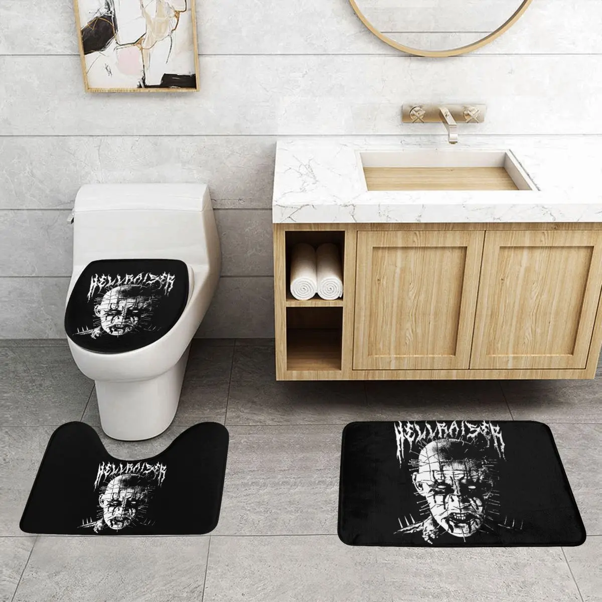 

Black Metal Pinhead Graphic 3 Piece Bath Mat Bathroom Set Toilet Lid Cover Home Decor Non-Slip Carpet Floor Rug