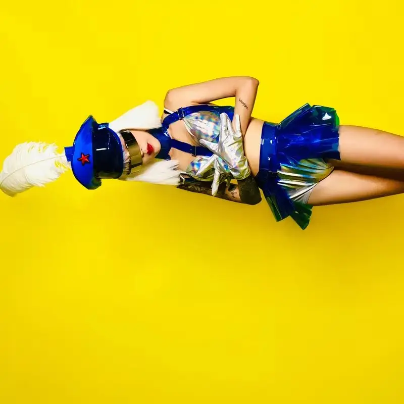 

Фестивальная одежда, одежда для танцев на пилоне, шляпа с перьями, ночной клуб, певица, сексуальная синяя, серебряная одежда, сценические костюмы для танцоров Gogo