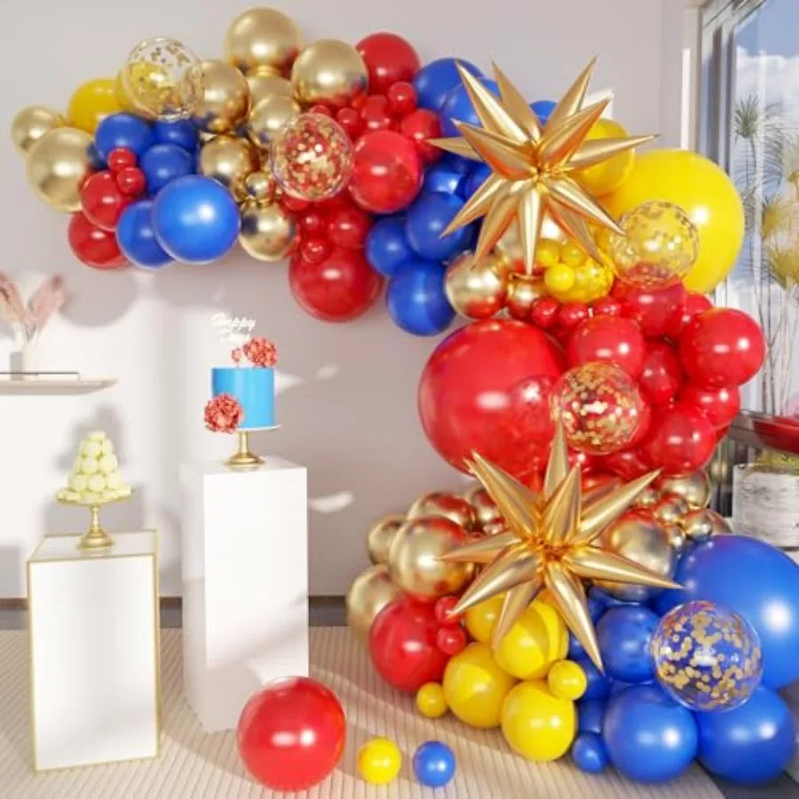 

Blue Yellow Red and Gold Balloon Arch Kit, 156Pcs Latex Baloons Garland with 4D Star Balloons for Baby Shower Anniversary Birth