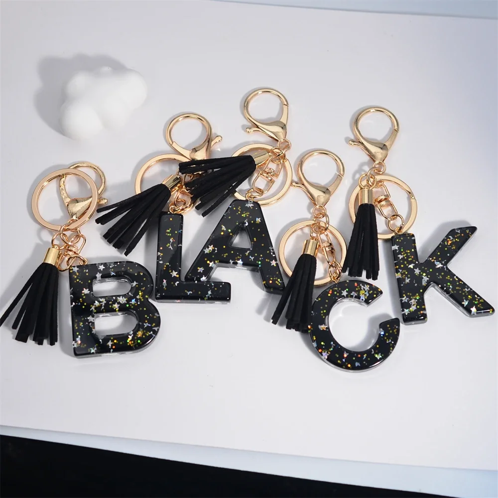 Mystery Black 26 Letters Key Chain Shine Stars Sequins Resin Keyring For Car Holder Tassel Keychains Women Handbag Charms