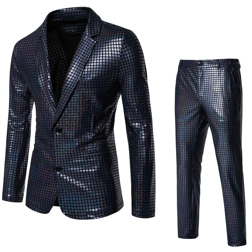 2026 Rainbow Color Men\'s Striped Suit Two-Piece, Fashion Suit Jacket and Pants, Green Silver Sets (Light Thin Stretch Fabrics)
