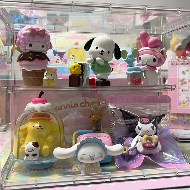 MINISO-Figura de ação colorida com caixas coloridas, coleção criativa de Pochacco Kuromi, brinquedos ornamentados e presentes surpresos