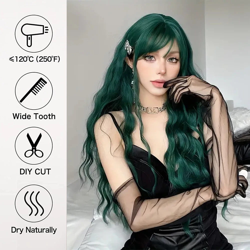 EASIHAIR Long Green Curly Wavy Synthetic Wig with Bangs Dark Green Colorful Cosplay Wigs for Women Natural Hair Heat Resistant image 4