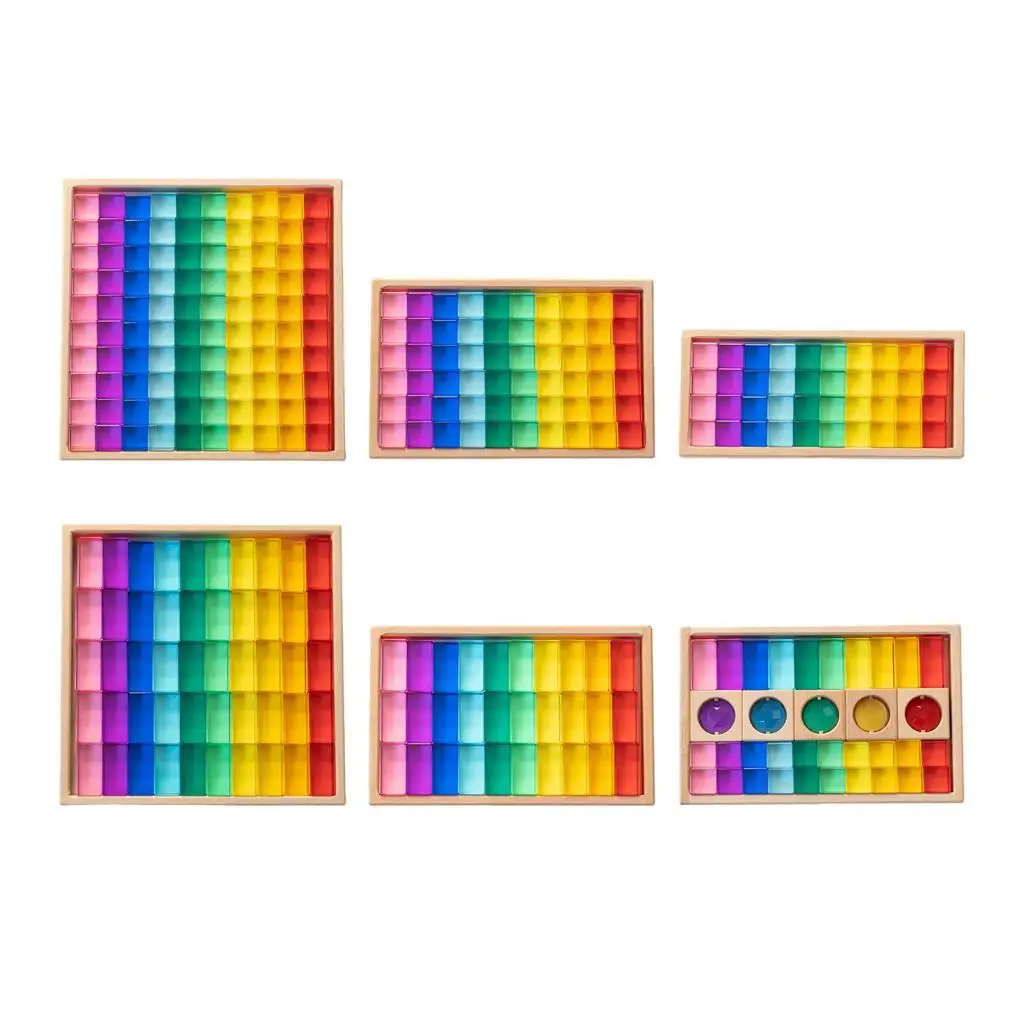 Rainbow Building Blocks Set Montessori Toys Acrylic Gemstone Cubes for Children Stacking Game Color Learning Toy Wooden Storage