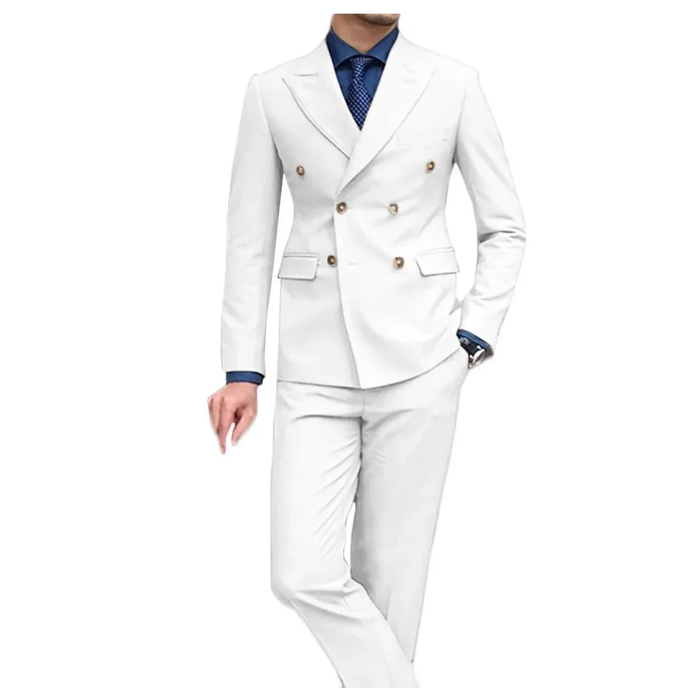 

High-end White Men Suits Two-pieces Set Slim Fit Fashion Handsome Male Formal Wedding Business Clothing Jacket+Pant