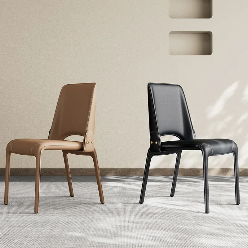 Minimalist saddle leather dining chair, modern light luxury home restaurant back chair, model designer chair