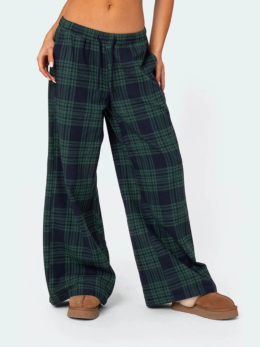 Women s Casual Trousers Classic Plaid Print Elastic Waist Loose Wide Leg Pants Lounge Pants