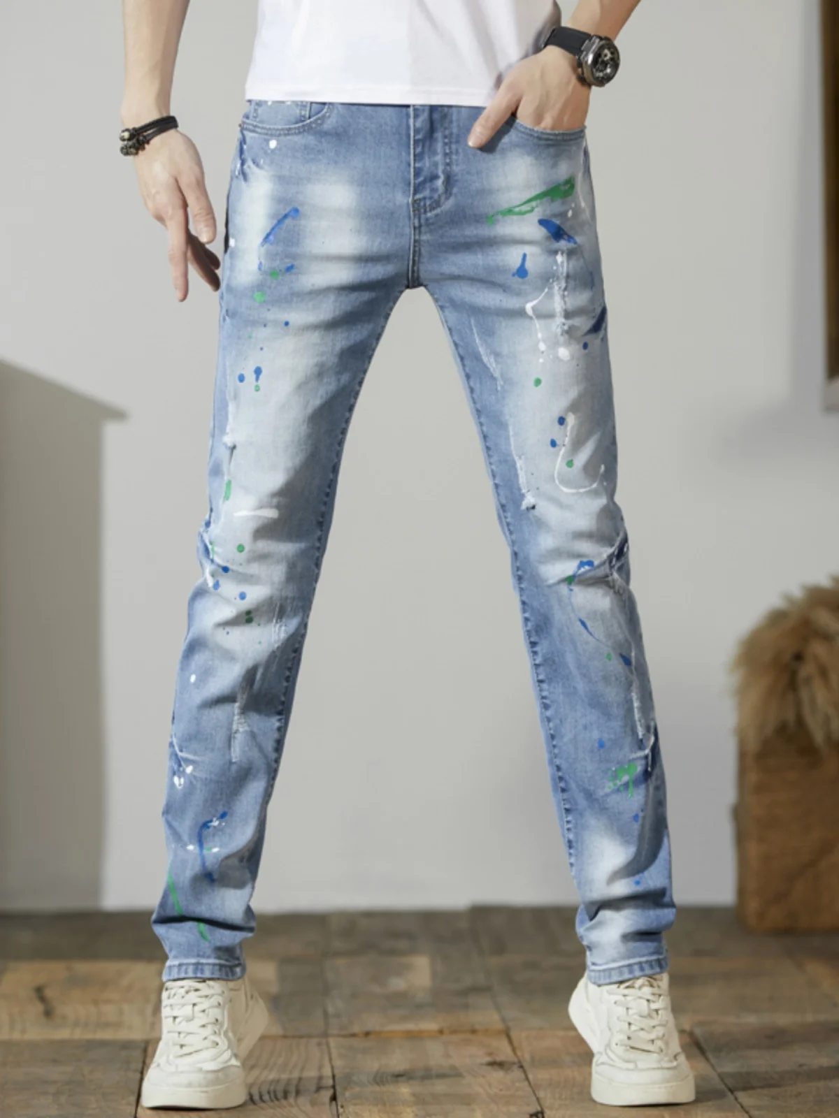 

Spring Autumn Men's Paint Splatter Denim Jeans Elastic Hole Worn out Fashion Brand Slim Fit Long Pants Cotton Stretch Denim