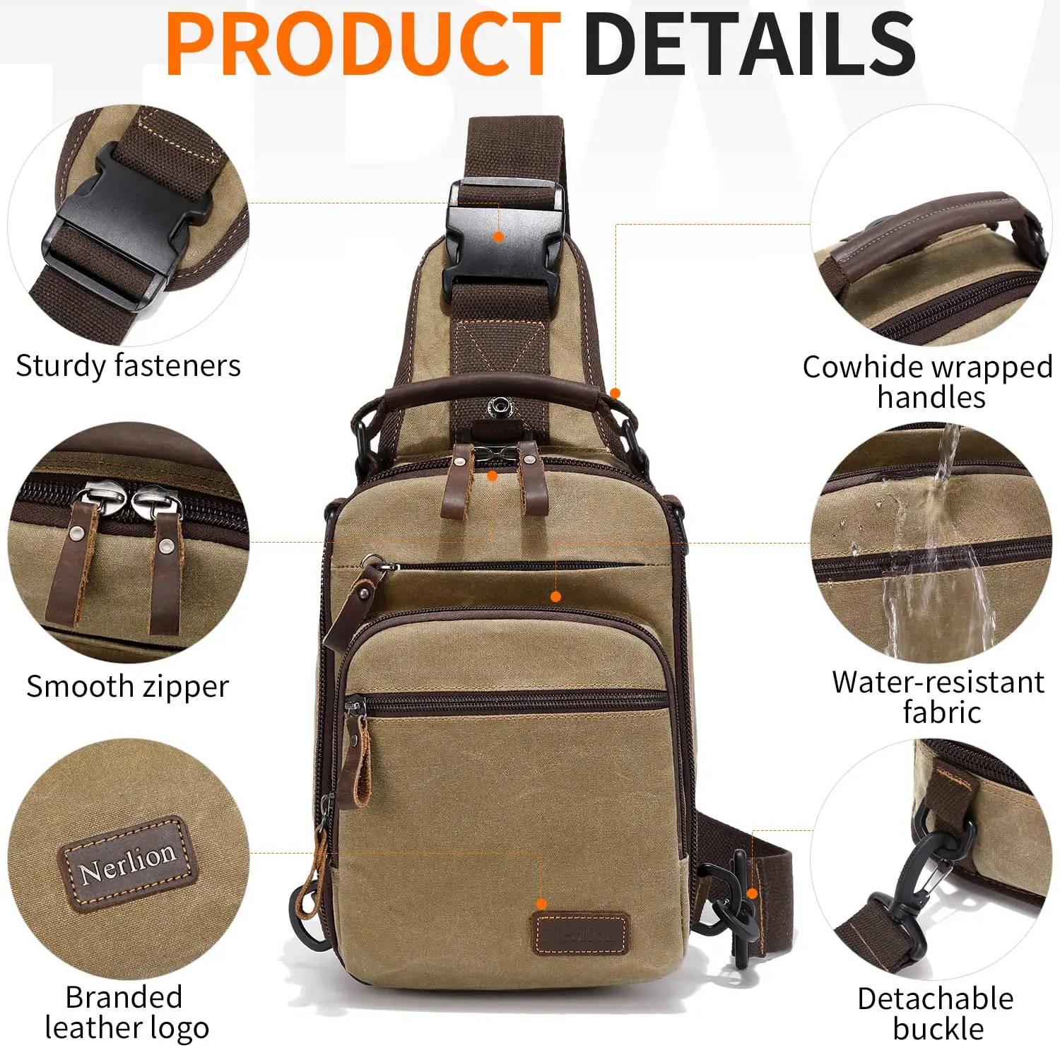 Nerlion Sling Rugzak Borst Sling Tas Voor Mannen Gewaxt Canvas Crossbody Tas Waterbestendige Schoudertas Casual Daypack