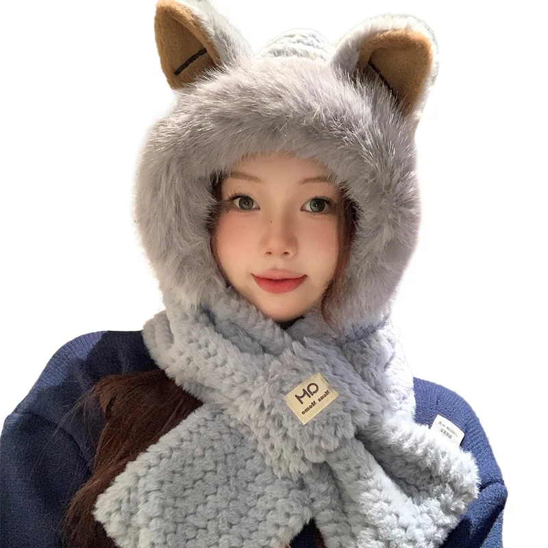 Fox Ear Winter Hat Scarf Women's One Piece Hat Cute Plush Thick Warm And Cold Proof Two Piece Set Scarf