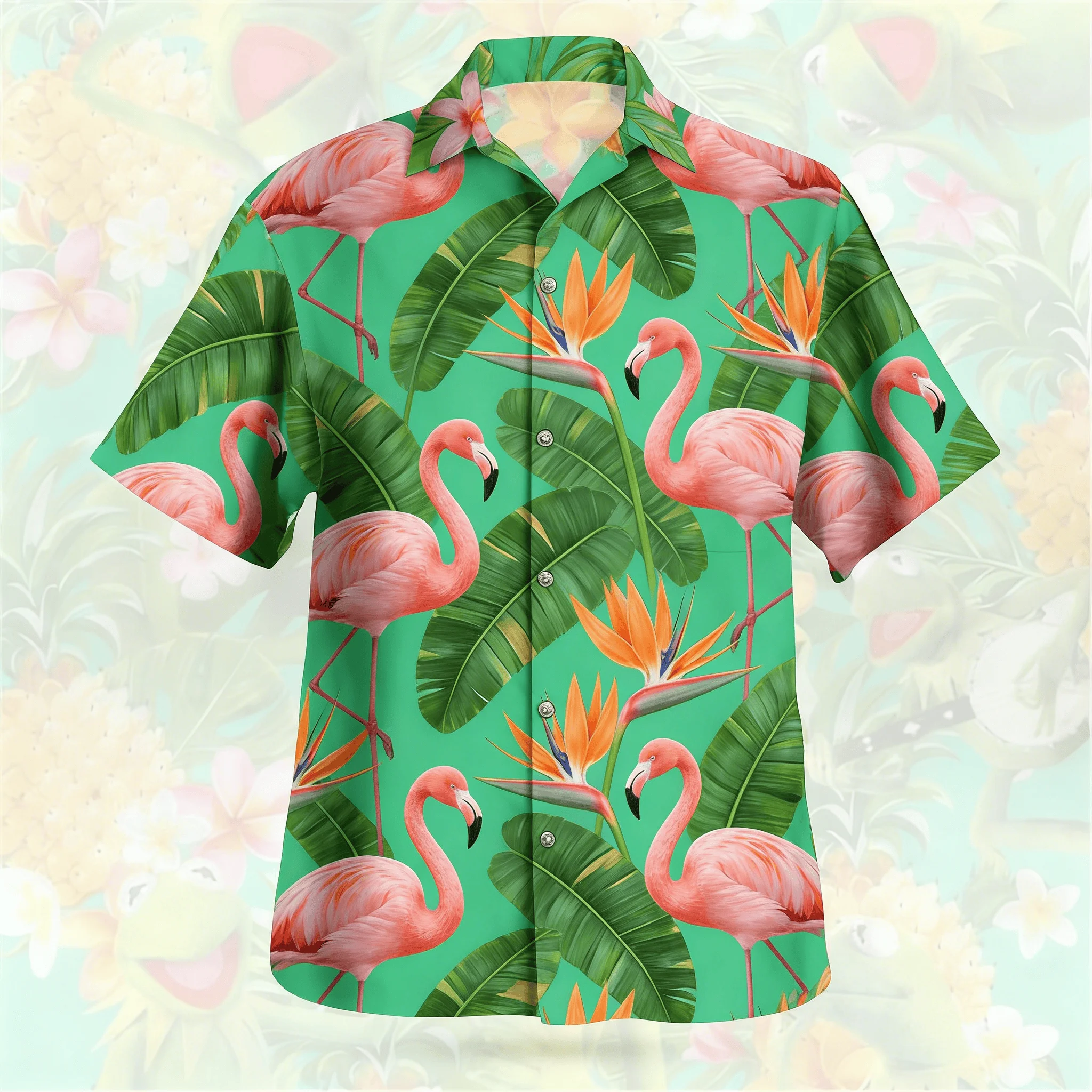 

Men's Green Bird Of Paradise Print Short Sleeve Shirt, Spring Summer Tropical Vacation Casual Top, Pocket Lapel Style