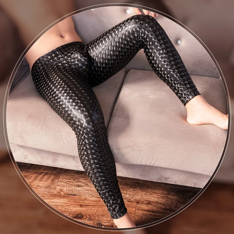 Men Sexy Shiny PU Leather Leggins Underwear Leopard Printed Elastic Skinny Long Pants Tights Leggings Nightclub Trousers