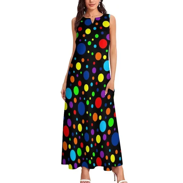 Polka Dot Rainbow Retro Print Maxi Dress For Womens Fashion Bohemia Long Dress Female V-Neck Sexy Sleeveless Spring Summer Dress