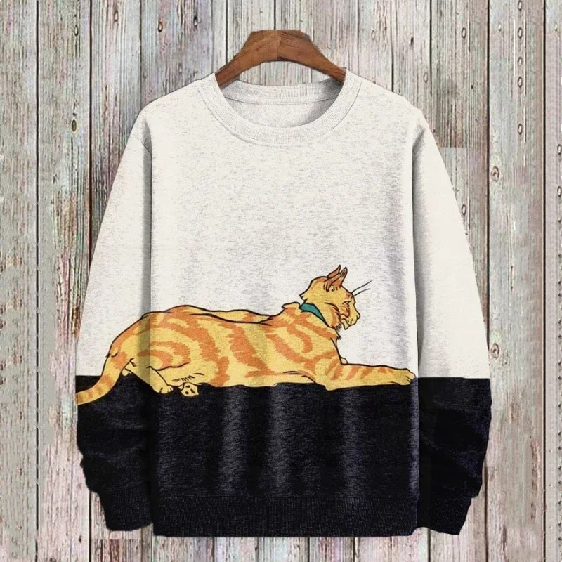 Cute cat print men's long-sleeved sweatshirt spring and autumn fashion casual round neck sweatshirt loose large size men's cloth