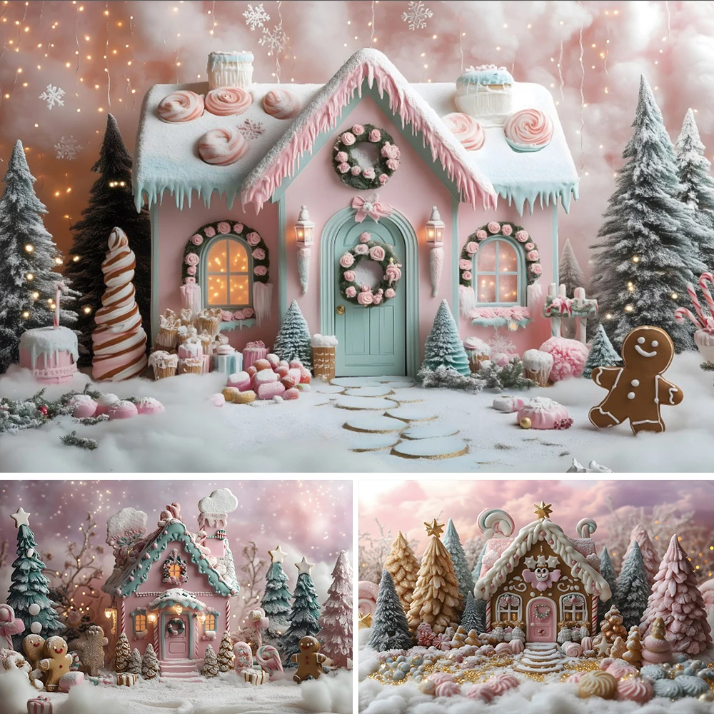 

Pink Gingerbread House Christmas Photography Background Pink Xmas Tree Gift Backdrop Snow Holiday Family Party Photo Studio Prop