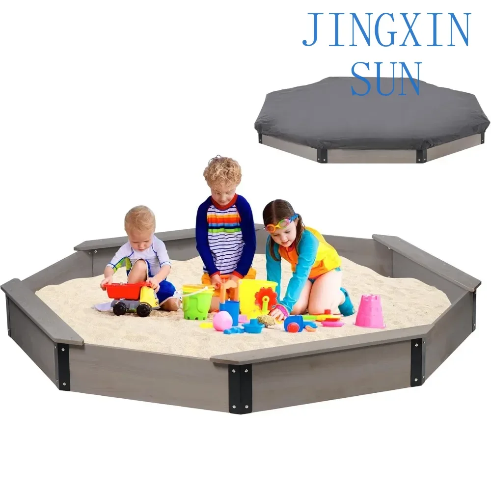 Outdoor Furniture Octagon Sandbox 85''x78''x9'' with Cover, Wood Large Sandpit with 4 Benches for Kids Outdoor Play
