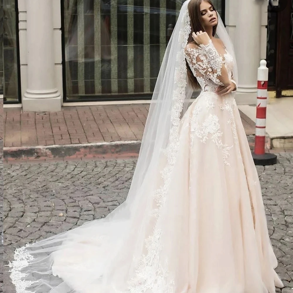 Exquisite Brautkleider für Frauen A-Linie Luxus Brautkleider Spitze Applikationen lange Ärmel O-Ausschnitt Vintage Vestidos de Novia