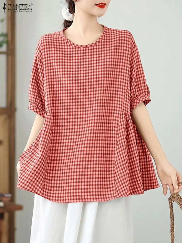 2025 verão feminino topos zanzea casual o pescoço camisa solta xadrez blusa plissada mujer femme manga curta blusas oversize