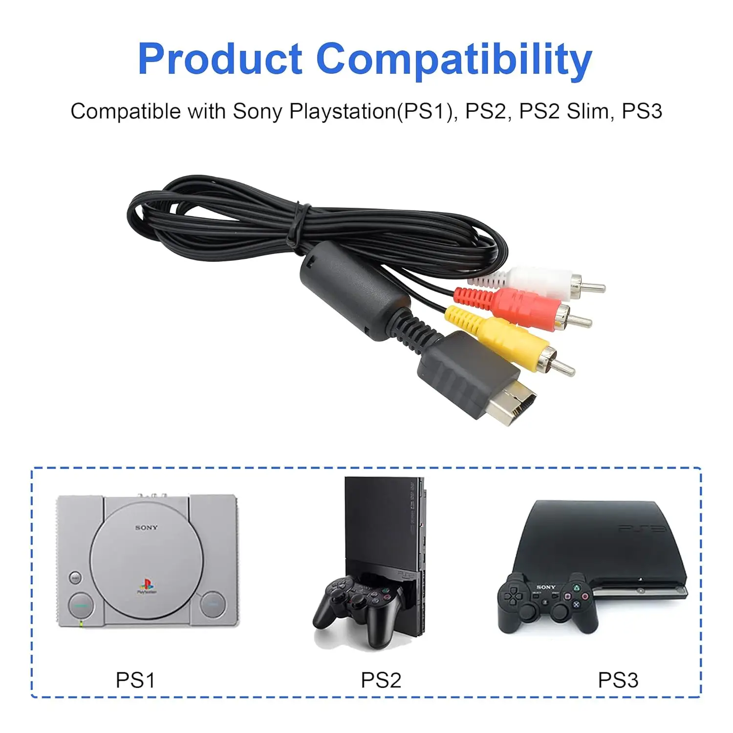 AV-kabel voor PS3 PS2 PS1, audio-video RCA-kabel compatibel met PlayStation 1 2 3, 1,8 m/6FT composiet 3 RCA vergulde TV HDTV