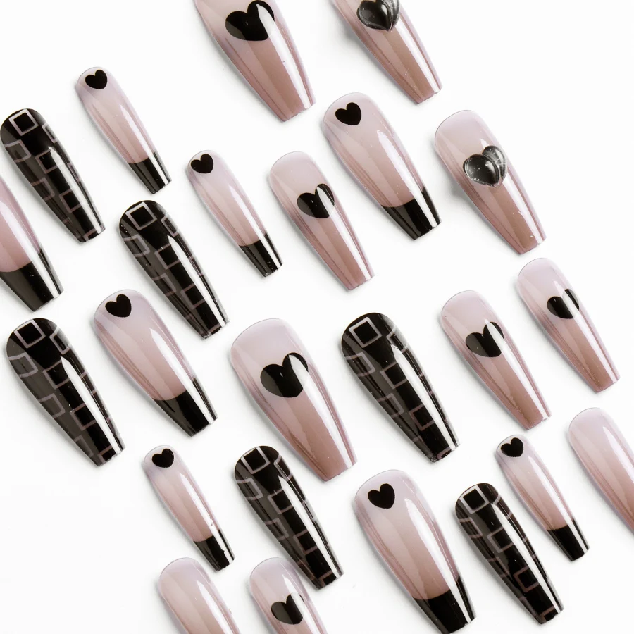 2024 New Black Trapezoidal Nail Art Heart Element Design Sense Press on Nails Acrylic Reusable False Nail Daily Nail Art Tool