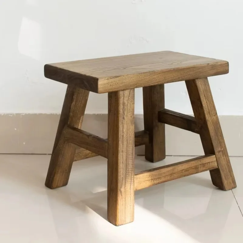 Mortise and Tenon Joint Wooden Stool Reclaimed Elm Wood Kids Stool Vintage Small Chair Solid Wood Ottoman for Living Room