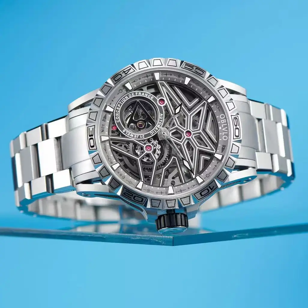 OBLVLO Men Automatic Watch 42mm Mechanical Wristwatch Luminous Skeleton Dial Waterproof Military Miyota Mov